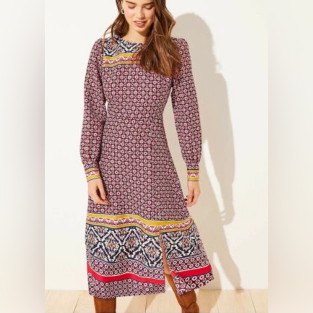 NWT - LOFT Plus Size Dress Women's Midi Multi Color Print Long Sleeves Slit BOHO